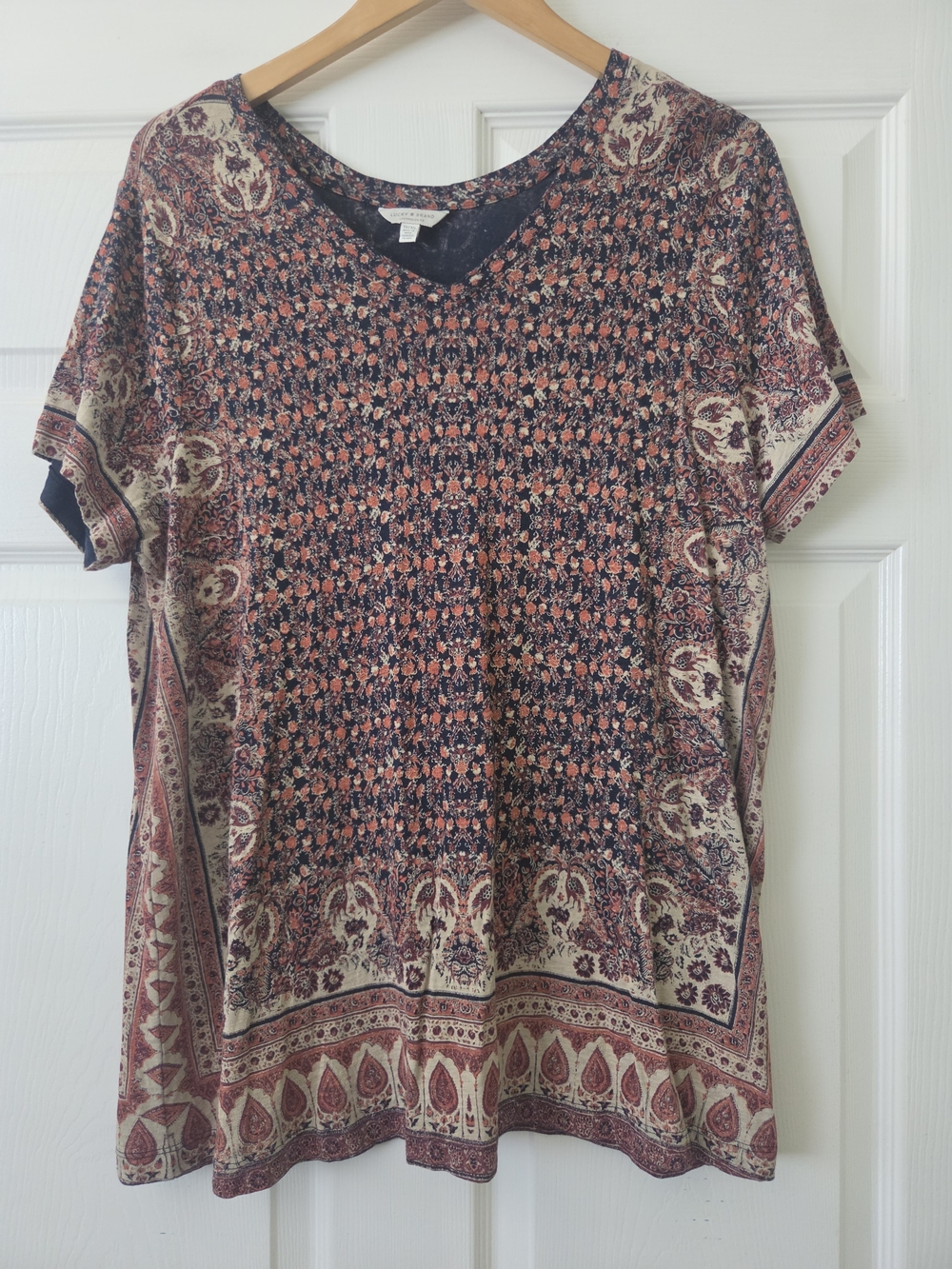 Lucky Brand Short Sleeve Paisley Print Top - Navy and Rust Women's 1X